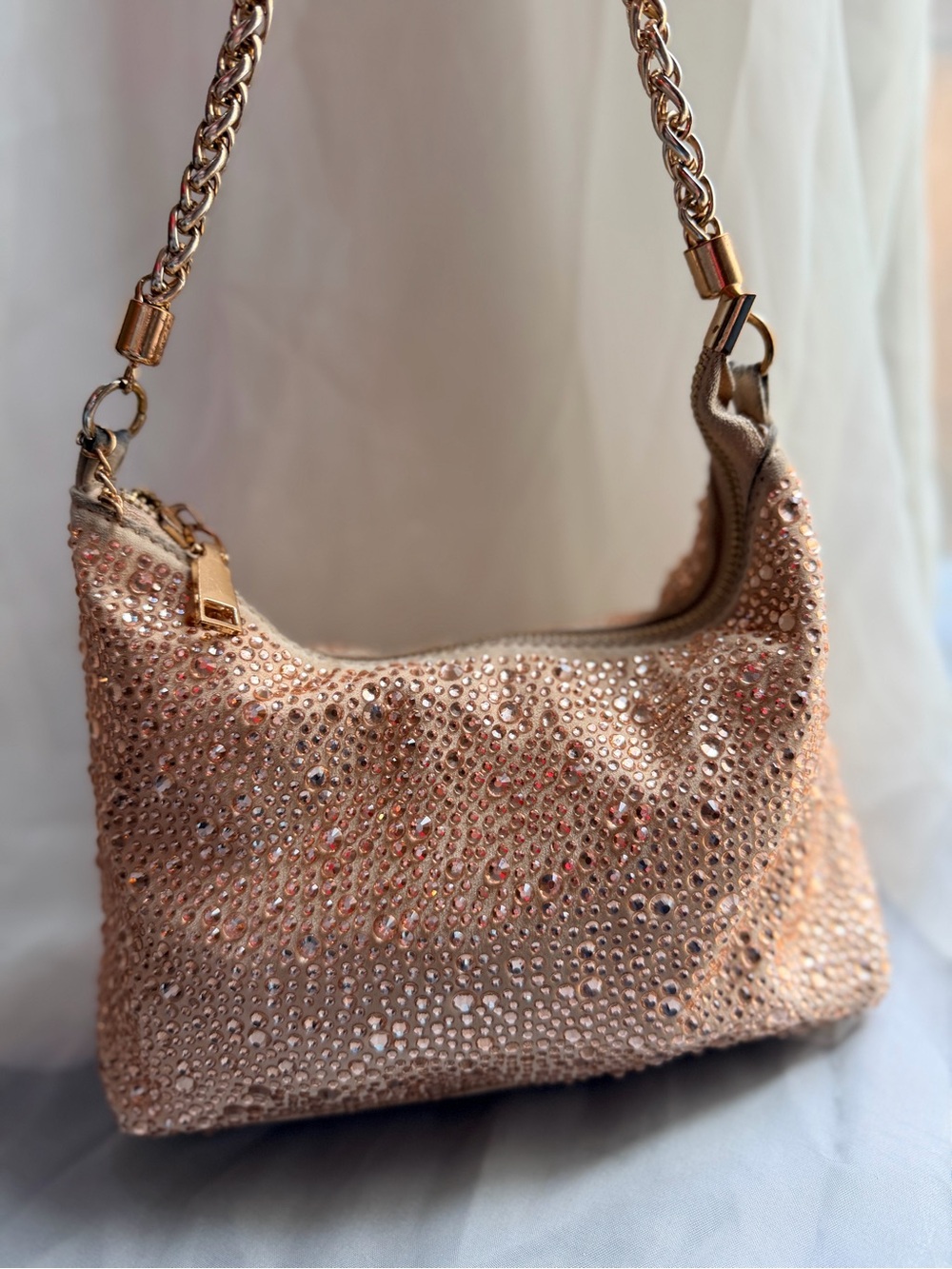 Sparkling Rose Gold Hobo Bag with Gold Chain - Picture 2 of 15
